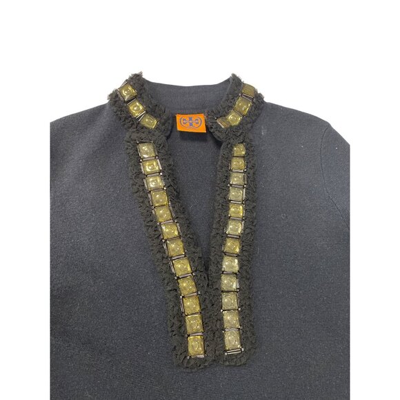 Tory Burch womans Charcoal Gray blue undertones black wool cashmere embelished S - Picture 4 of 13